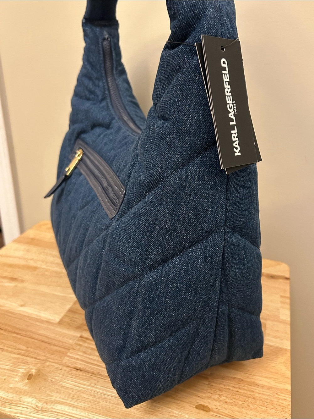 Karl Lagerfeld Quilted Dark Blue Denim Shoulder Bag with Gold Logo - Picture 14 of 16